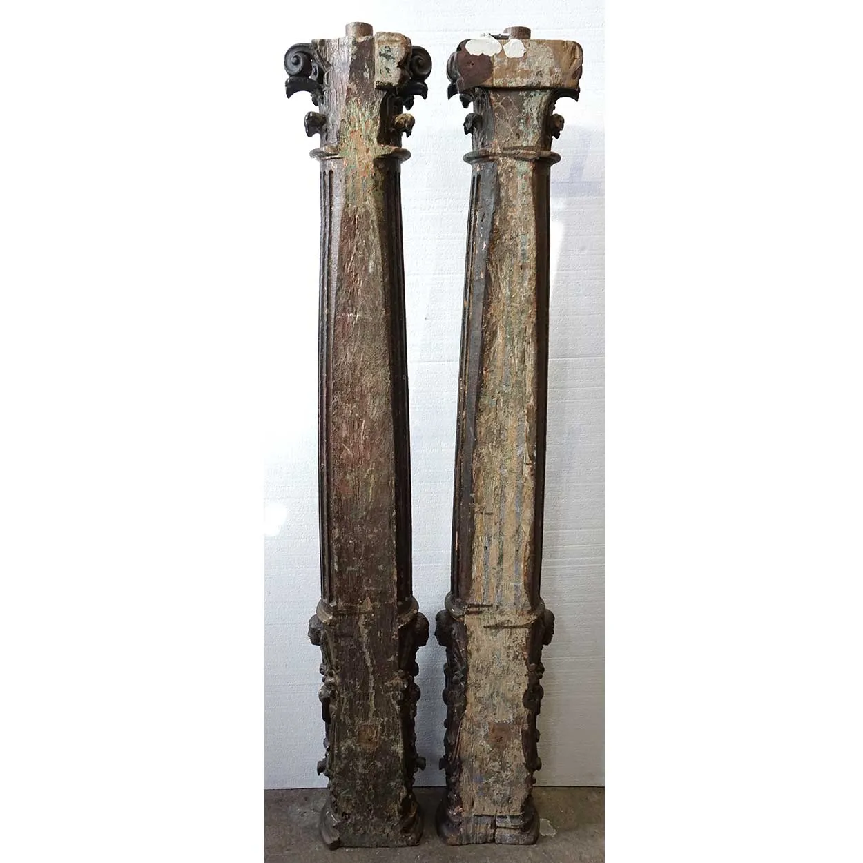 Small Pair of Early Indo-Portuguese Baroque Painted Teak Architectural Pilasters