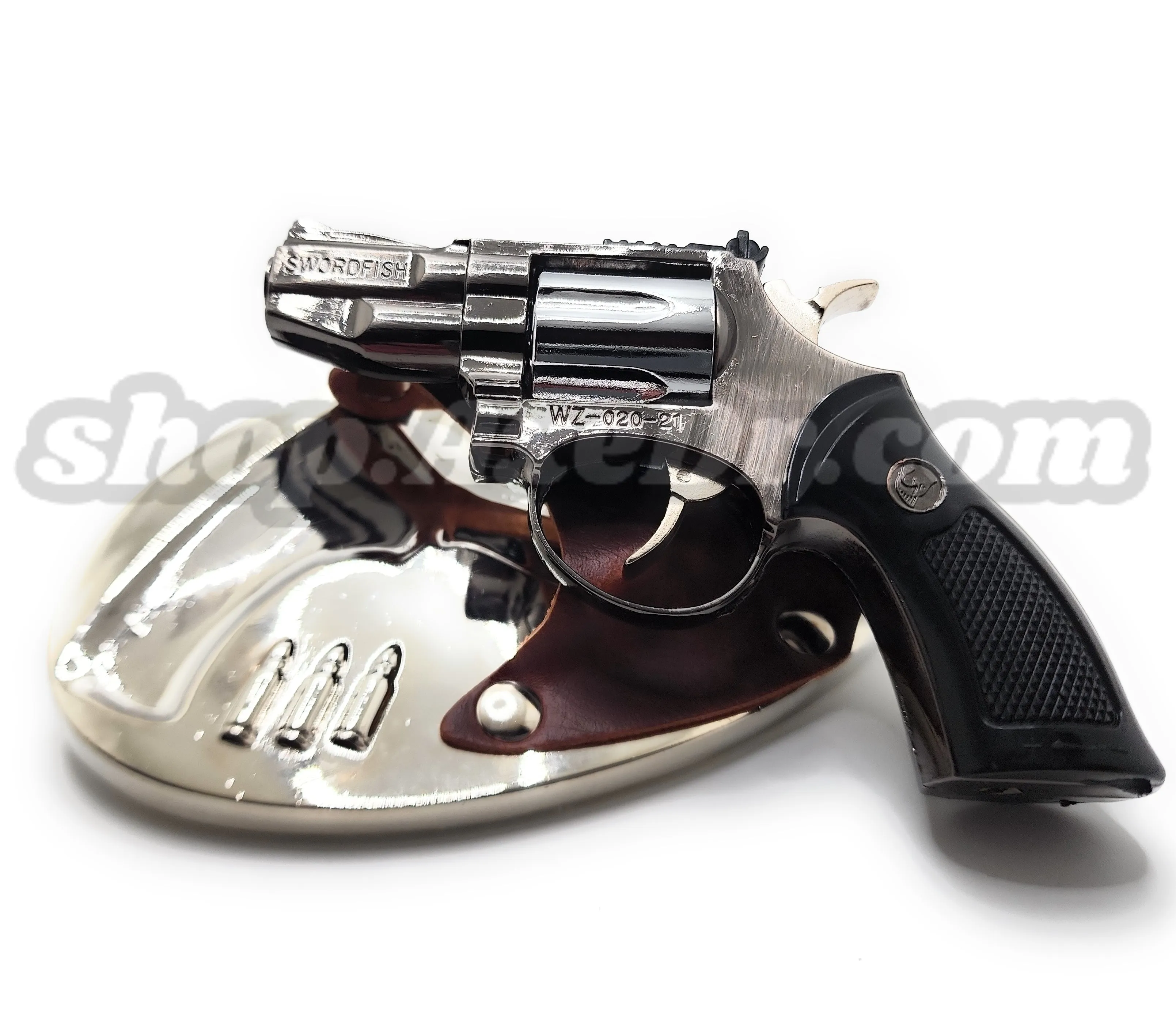 Snub Nose Revolver Pistol Jet Lighter Rotating Cylinder Belt Buckle