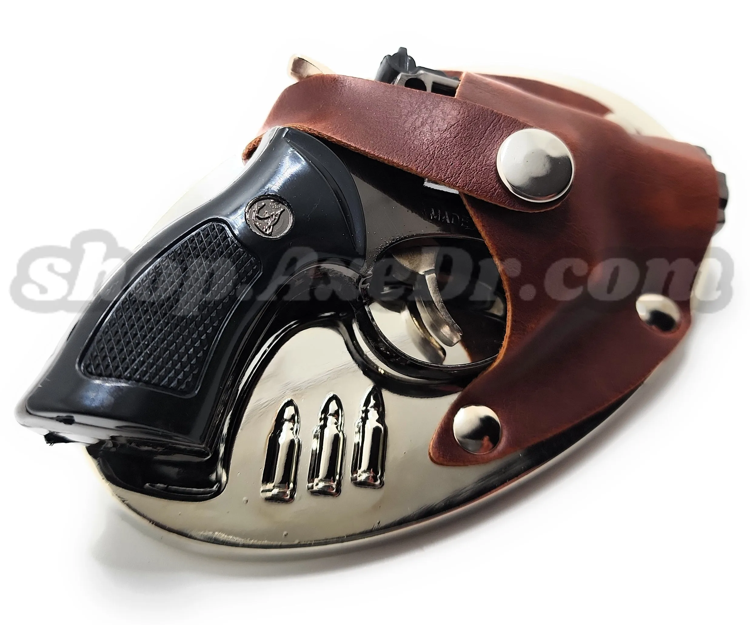 Snub Nose Revolver Pistol Jet Lighter Rotating Cylinder Belt Buckle