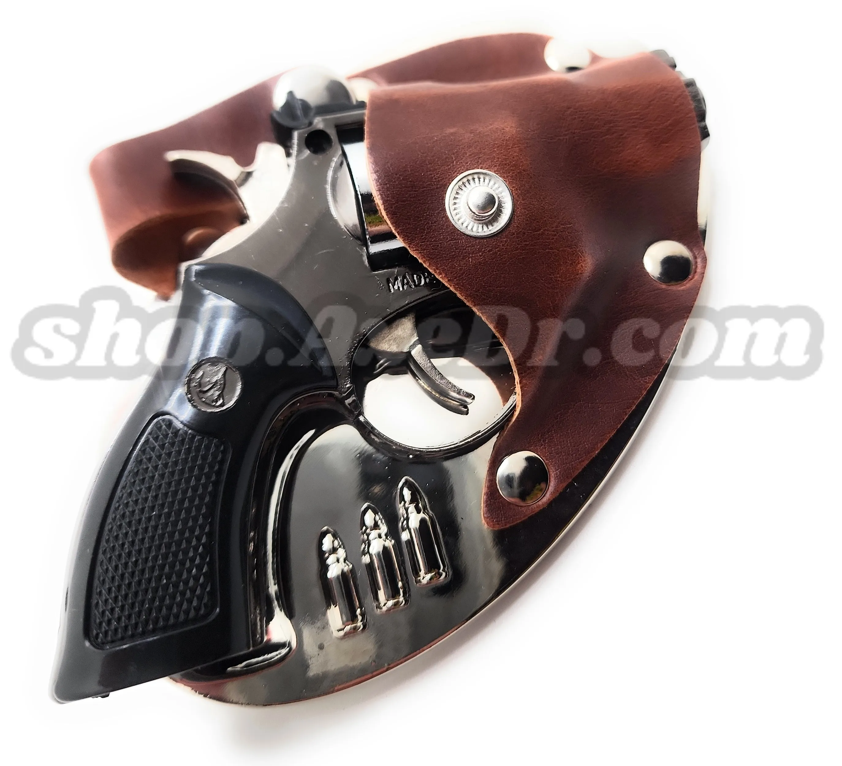Snub Nose Revolver Pistol Jet Lighter Rotating Cylinder Belt Buckle