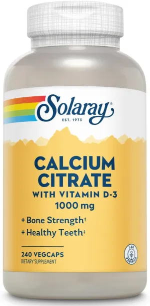 Solaray Calcium Citrate w/Vitamin D3 1000mg, Healthy Bones & Teeth, Heart, Muscle & Nerve Support, 60 Serv, 240 VegCaps