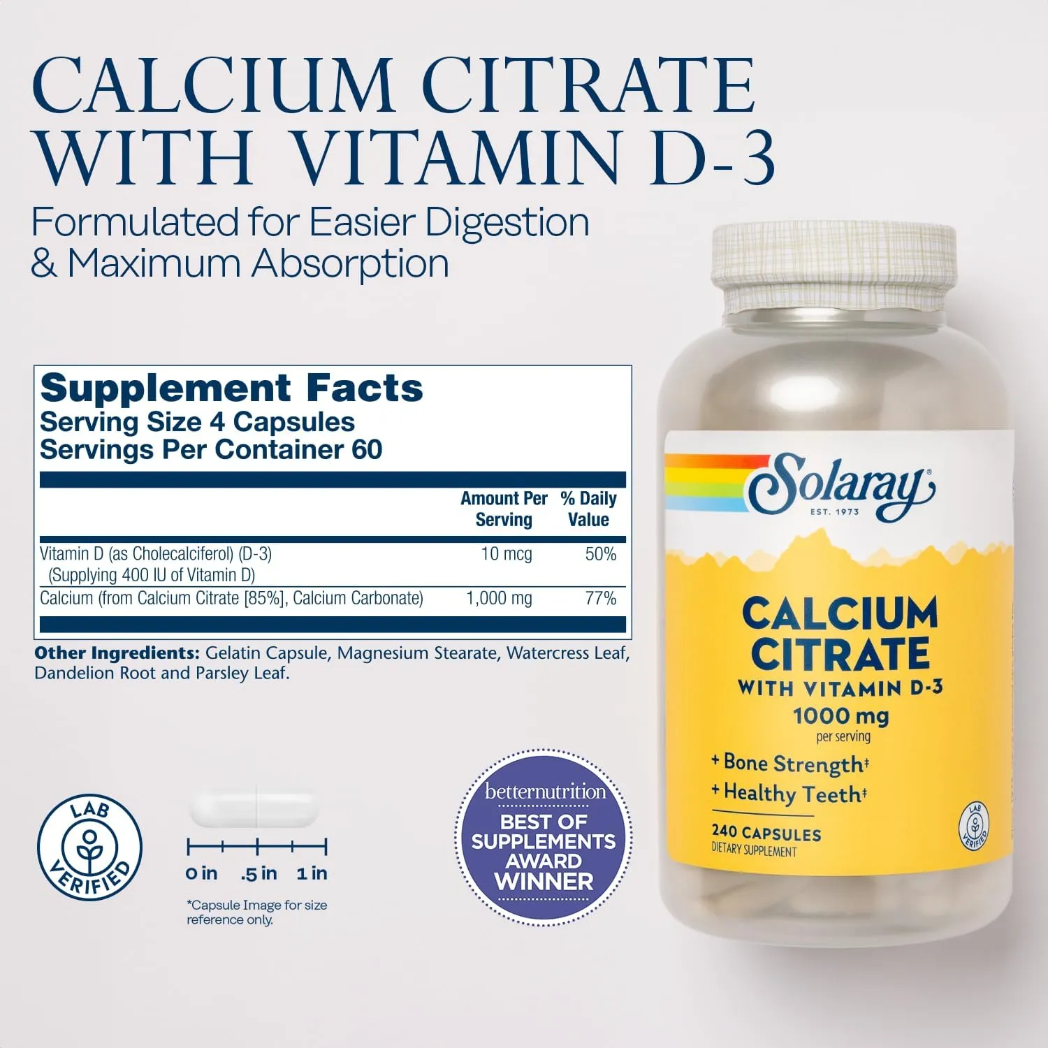 Solaray Calcium Citrate w/Vitamin D3 1000mg, Healthy Bones & Teeth, Heart, Muscle & Nerve Support, 60 Serv, 240 VegCaps