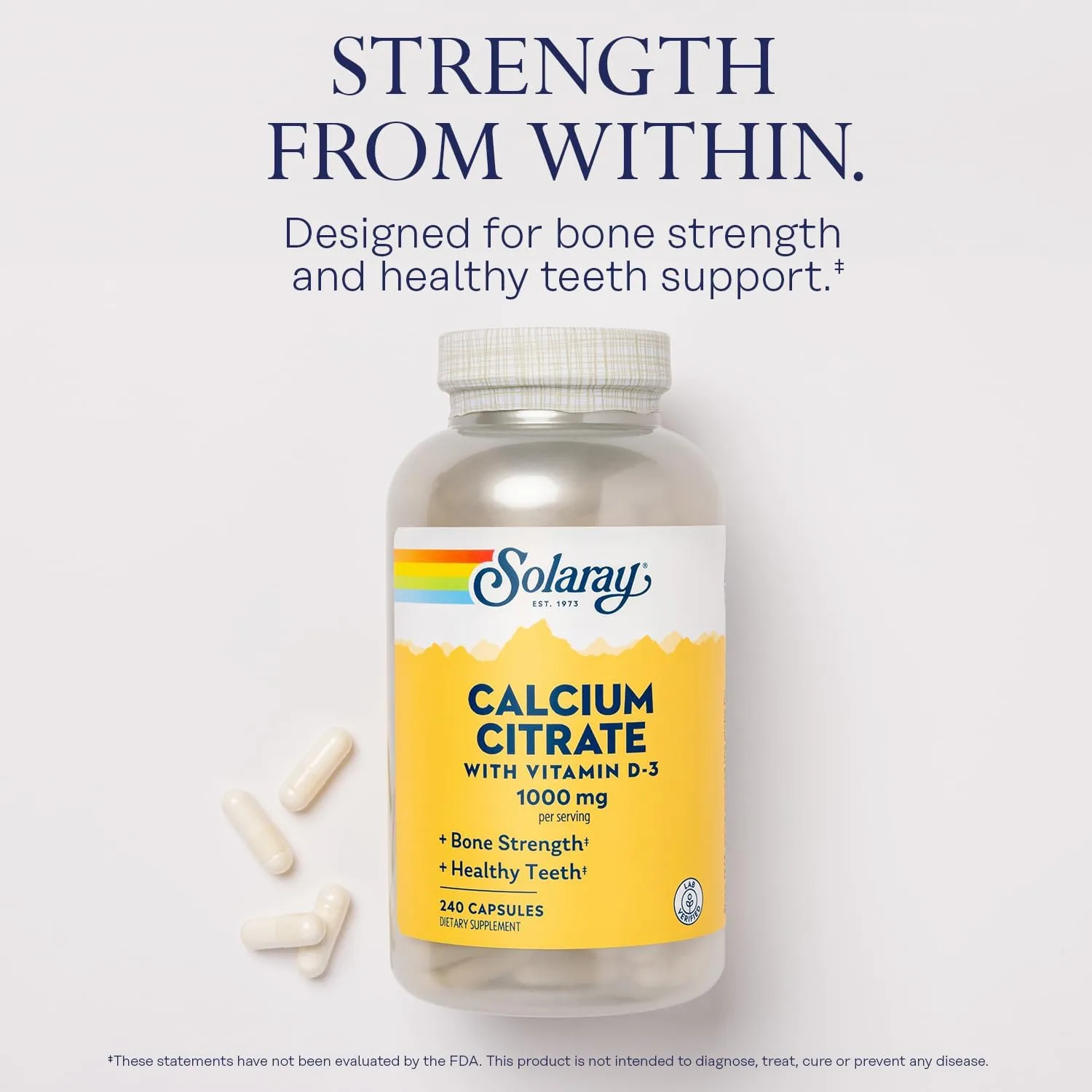 Solaray Calcium Citrate w/Vitamin D3 1000mg, Healthy Bones & Teeth, Heart, Muscle & Nerve Support, 60 Serv, 240 VegCaps