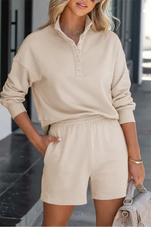 Solid Color Henley Shirt and High Waisted Shorts Two Piece Set
