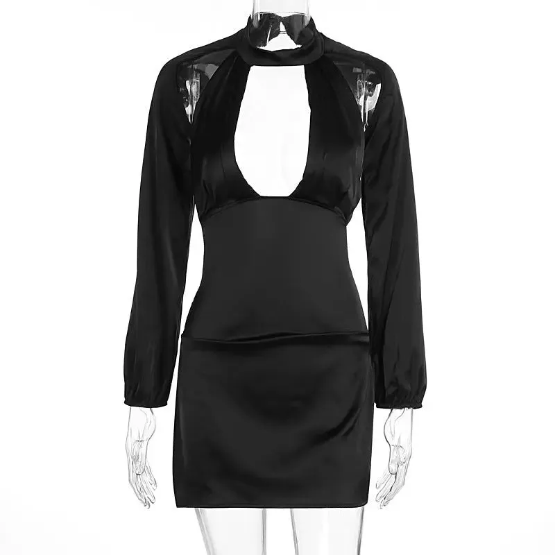 Solid Color Hollow-out Lantern Long Sleeve Dress