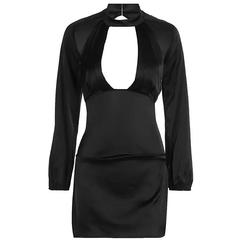 Solid Color Hollow-out Lantern Long Sleeve Dress