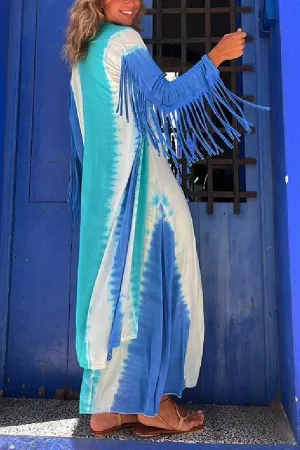 Song of The Vagabond Tie-dye Print Open Front Tassel Duster Cover-up