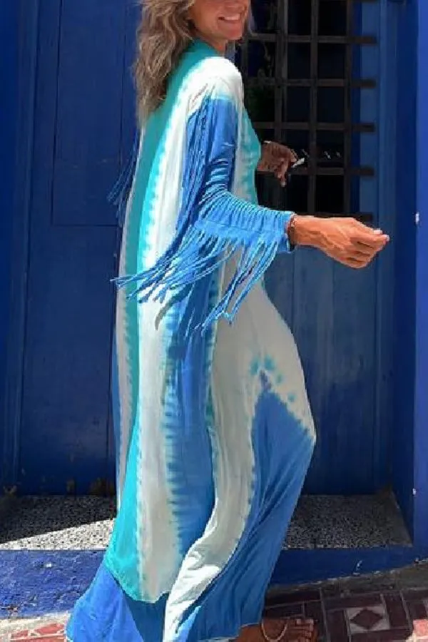 Song of The Vagabond Tie-dye Print Open Front Tassel Duster Cover-up