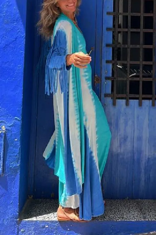 Song of The Vagabond Tie-dye Print Open Front Tassel Duster Cover-up