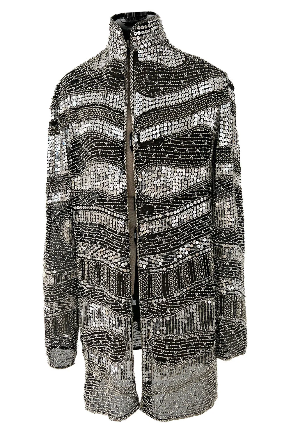 Sparkly Spring 1981 Halston Silver Sequin & Beaded Black Silk Chiffon Jacket