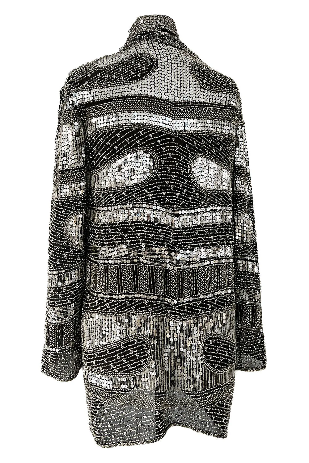 Sparkly Spring 1981 Halston Silver Sequin & Beaded Black Silk Chiffon Jacket