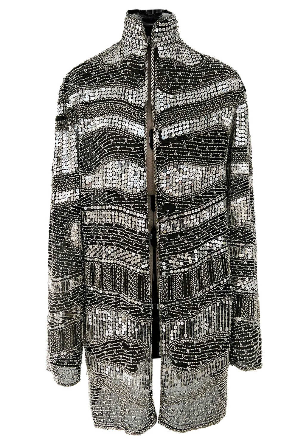 Sparkly Spring 1981 Halston Silver Sequin & Beaded Black Silk Chiffon Jacket