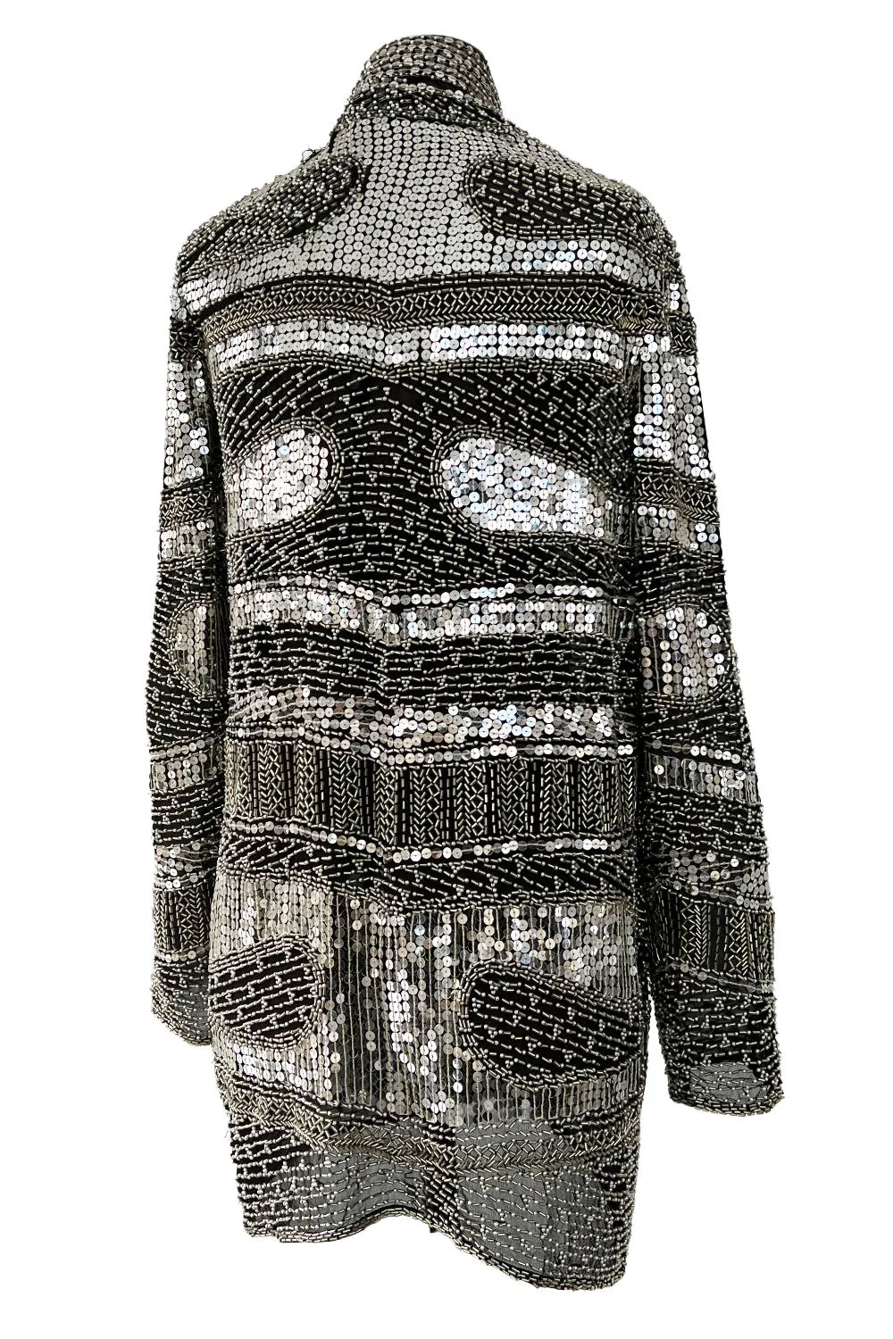 Sparkly Spring 1981 Halston Silver Sequin & Beaded Black Silk Chiffon Jacket