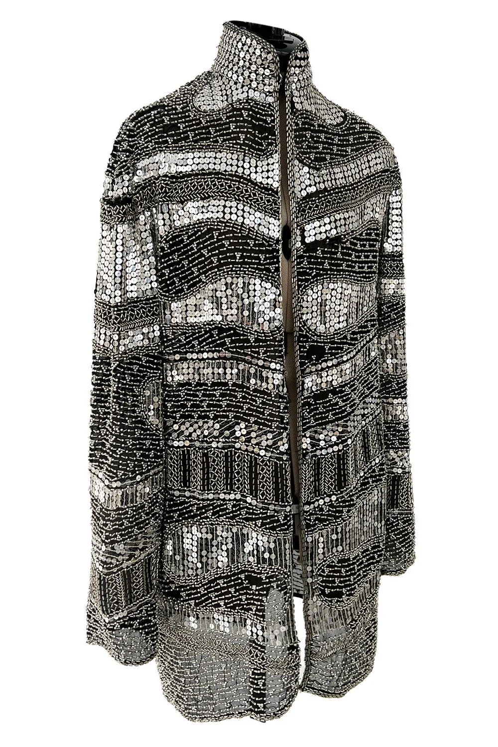 Sparkly Spring 1981 Halston Silver Sequin & Beaded Black Silk Chiffon Jacket