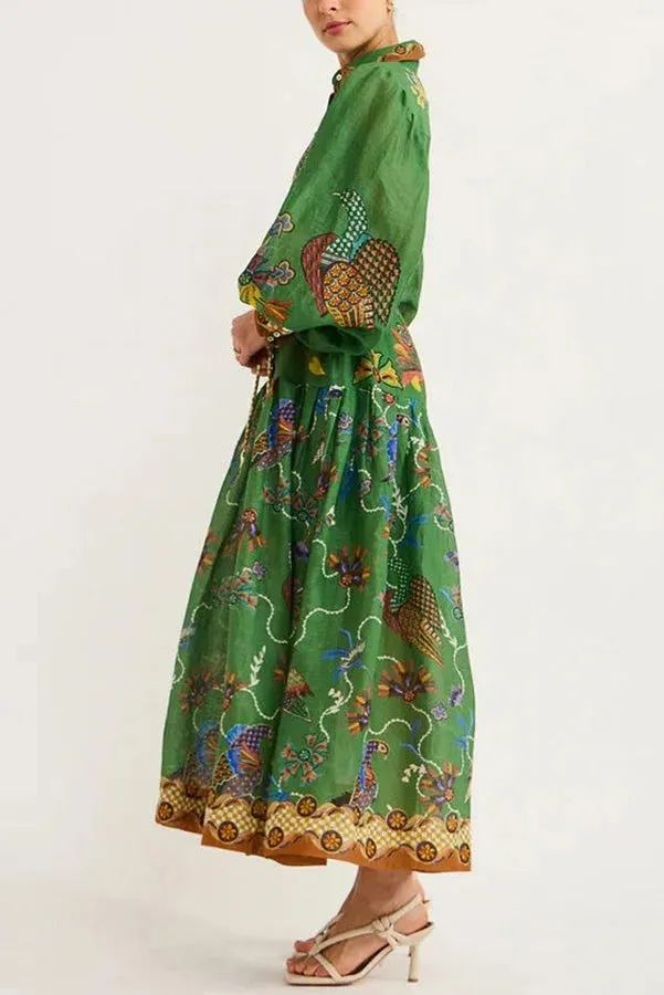 Special Moment Heaven Bird Print Balloon Sleeve Shirt Midi Dress