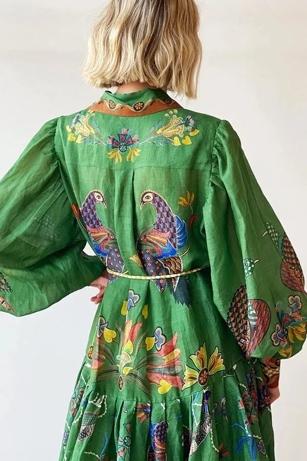 Special Moment Heaven Bird Print Balloon Sleeve Shirt Midi Dress