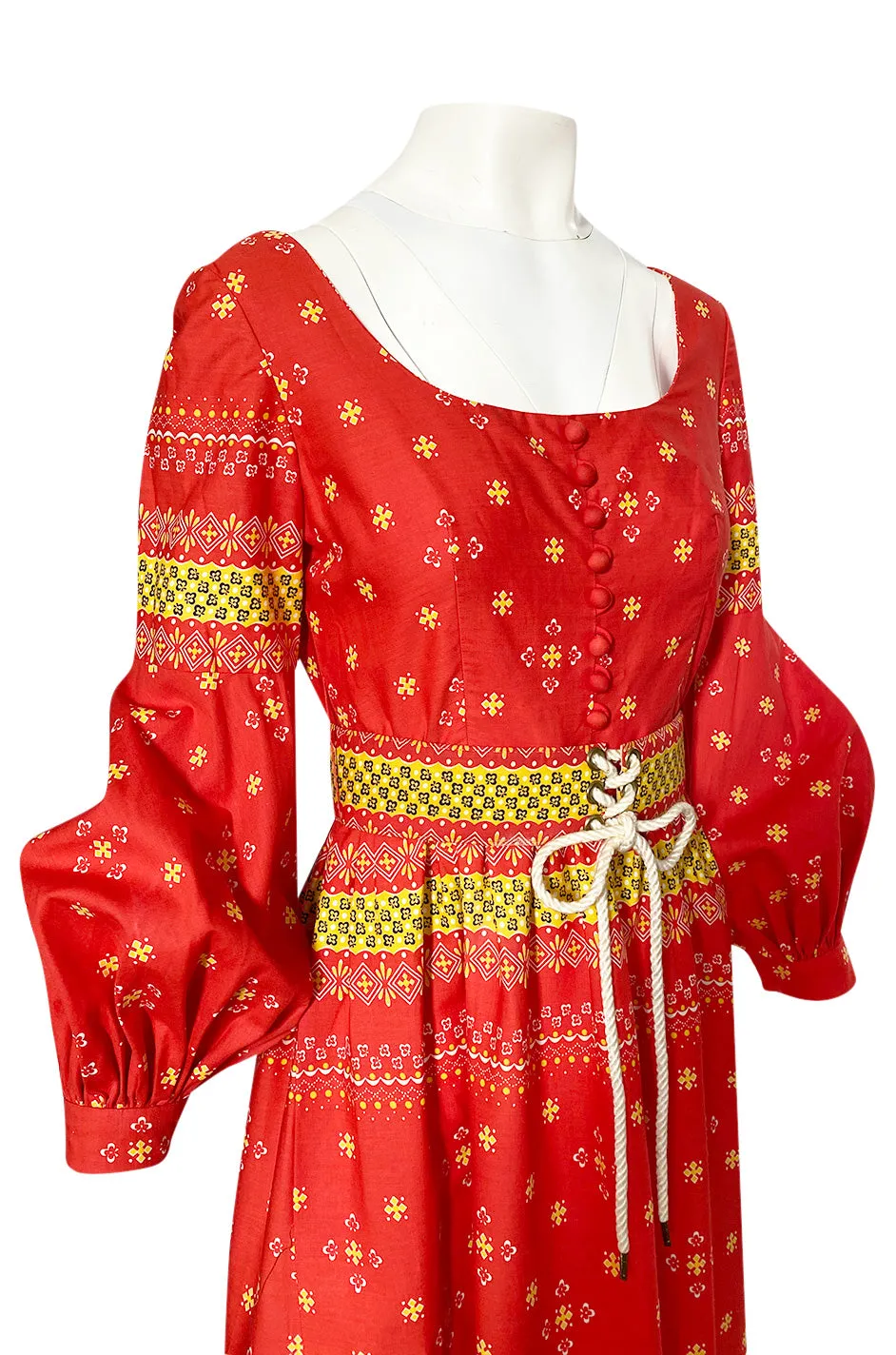 Spring 1971 Oscar de la Renta Red Printed Dress w Pouf Sleeves & Original Belt