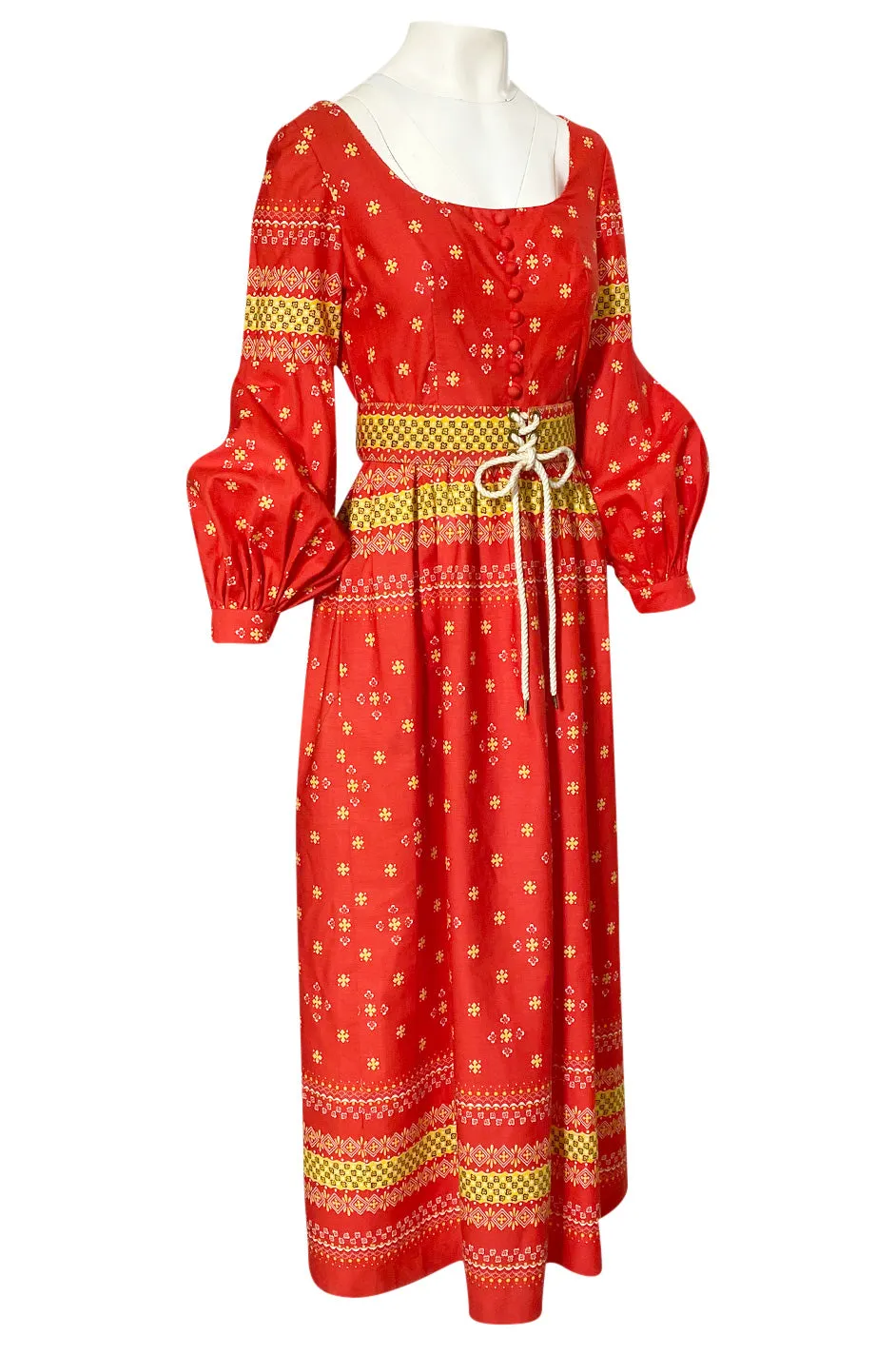 Spring 1971 Oscar de la Renta Red Printed Dress w Pouf Sleeves & Original Belt