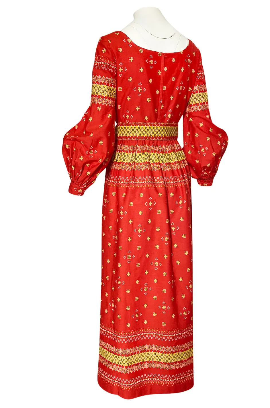 Spring 1971 Oscar de la Renta Red Printed Dress w Pouf Sleeves & Original Belt
