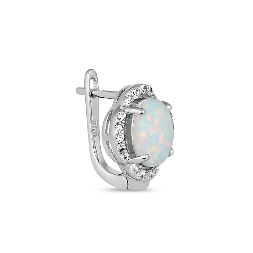 Sterling Silver Elegant White Lab Opal Oval CZ Halo Earrings