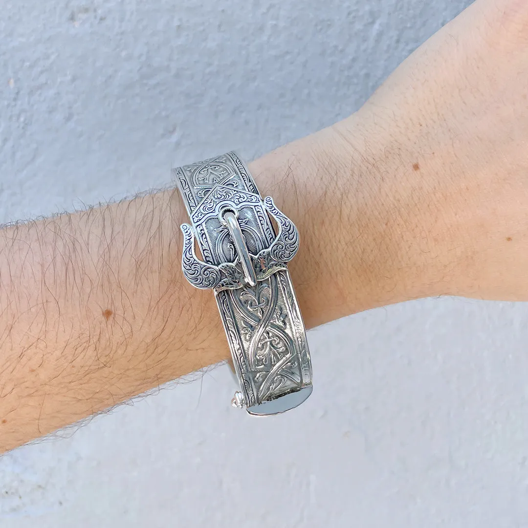 Sterling Silver Engraved Hinged Buckle Cuff