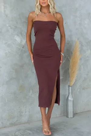 Strapless Tube Slit Ribbed Knit Midi Dress