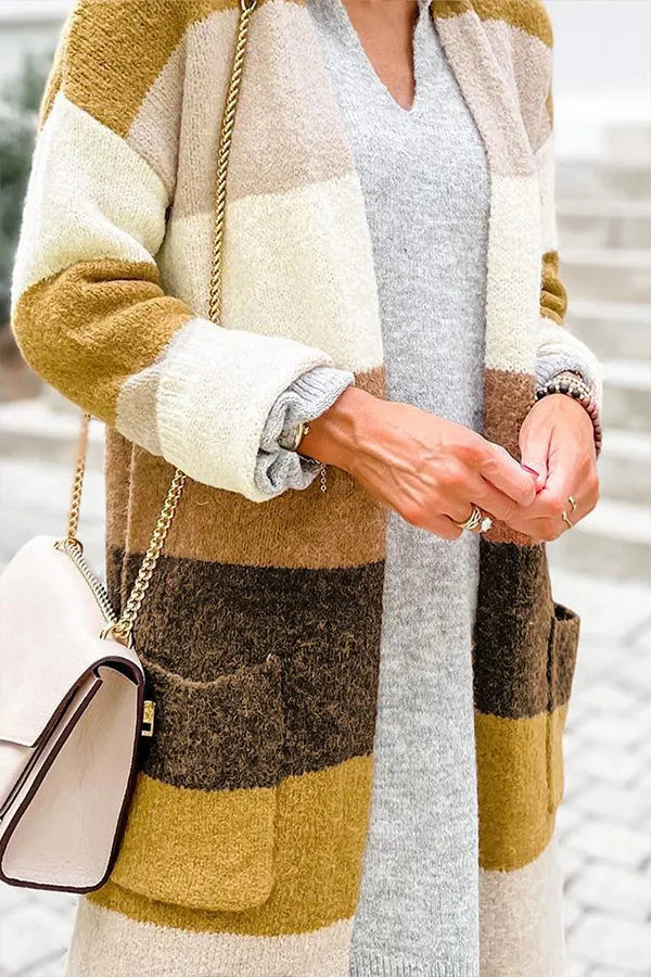 Stripe Print Colorblock Pocketed Open Front Long Cardigan