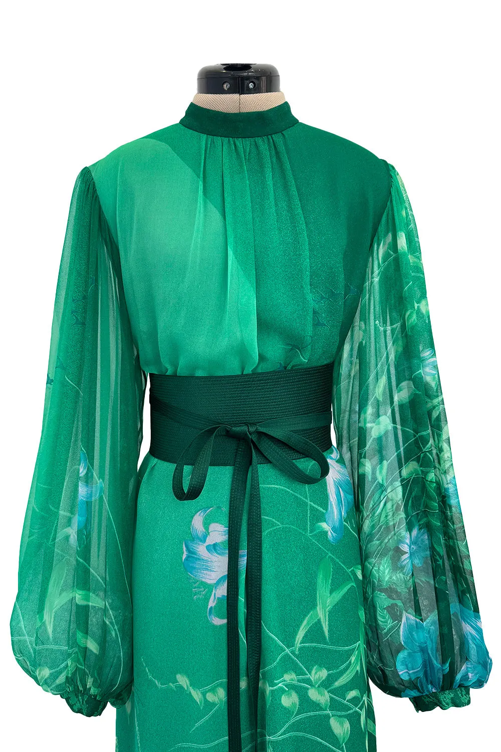 Stunning 1970s Hanae Mori Green Extensive Floral Print Green Silk Chiffon Dress w Balloon Sleeves & Belt