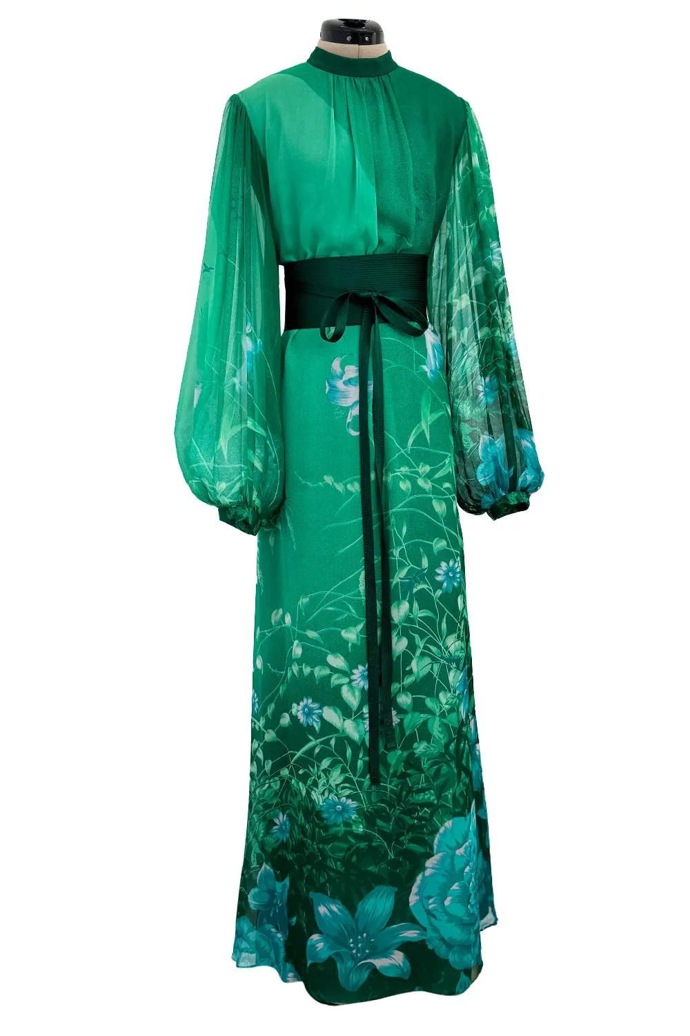 Stunning 1970s Hanae Mori Green Extensive Floral Print Green Silk Chiffon Dress w Balloon Sleeves & Belt