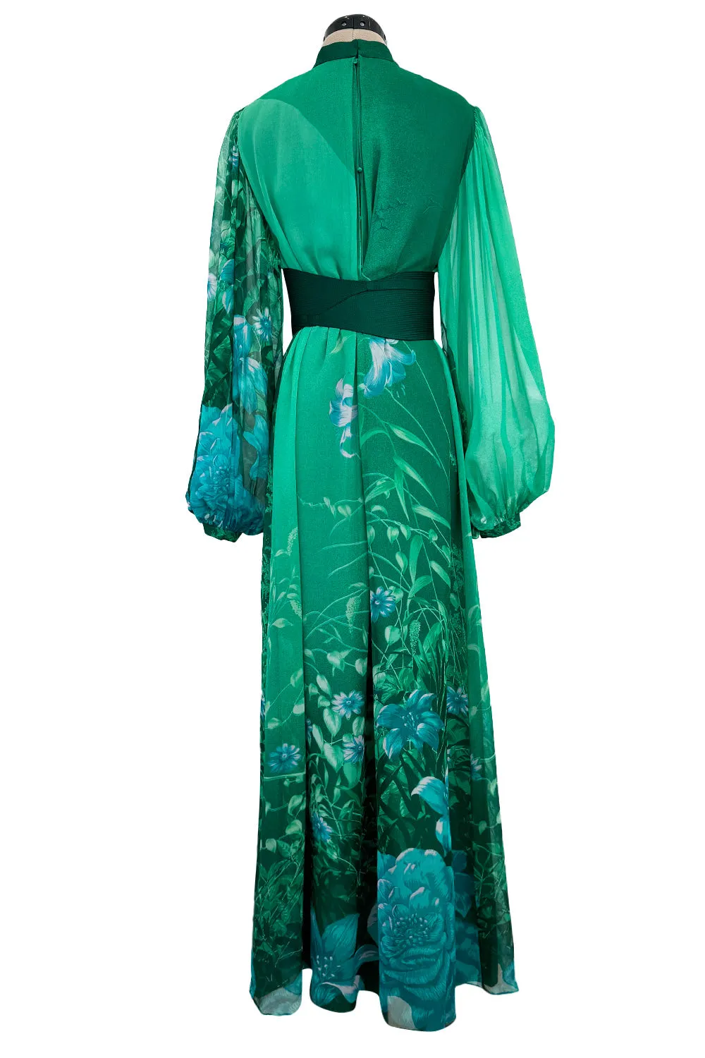 Stunning 1970s Hanae Mori Green Extensive Floral Print Green Silk Chiffon Dress w Balloon Sleeves & Belt