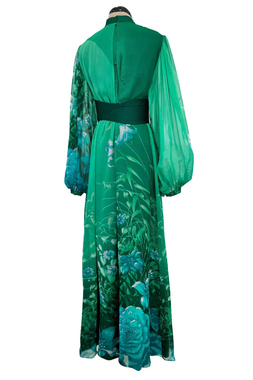 Stunning 1970s Hanae Mori Green Extensive Floral Print Green Silk Chiffon Dress w Balloon Sleeves & Belt