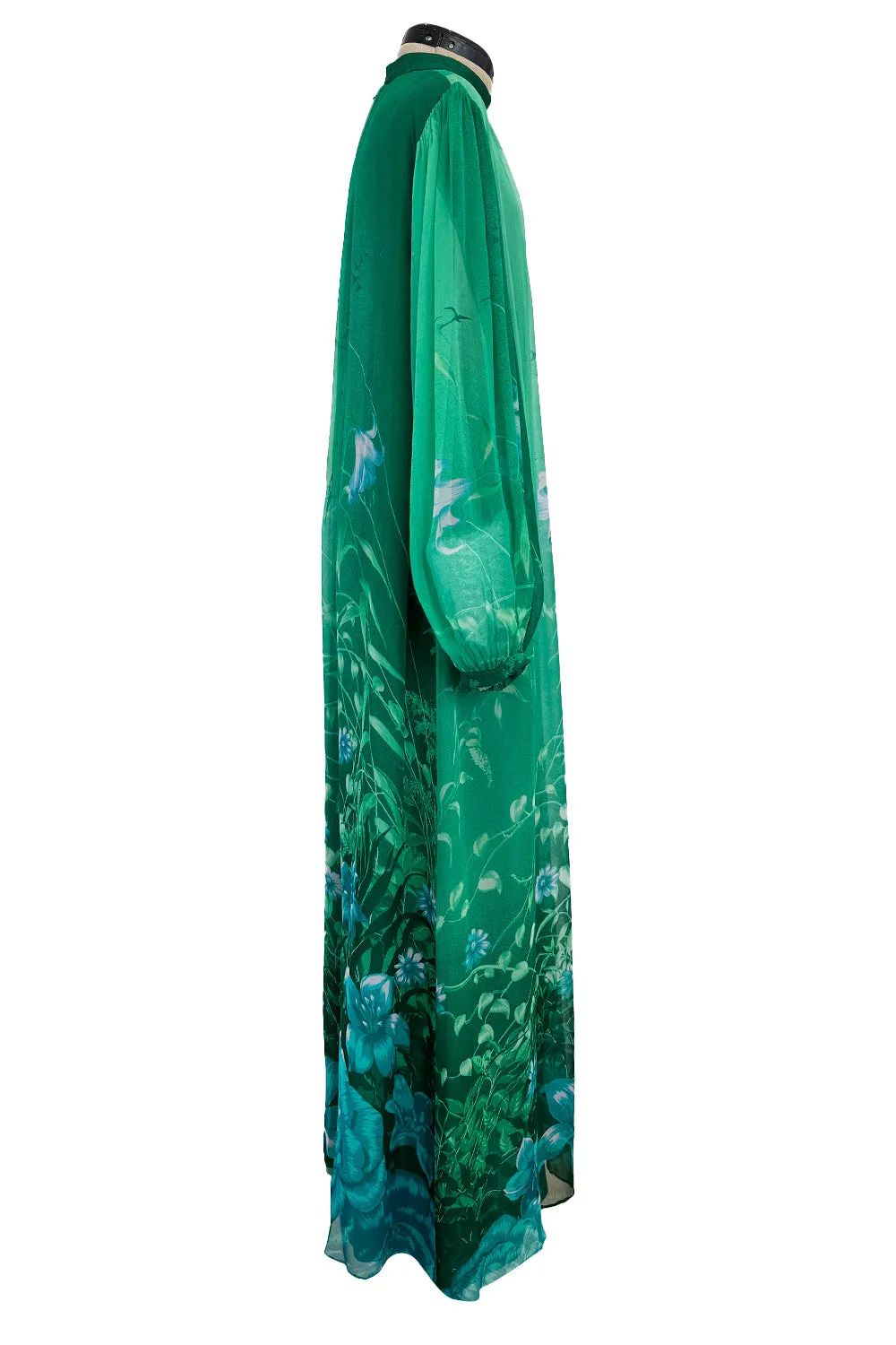 Stunning 1970s Hanae Mori Green Extensive Floral Print Green Silk Chiffon Dress w Balloon Sleeves & Belt