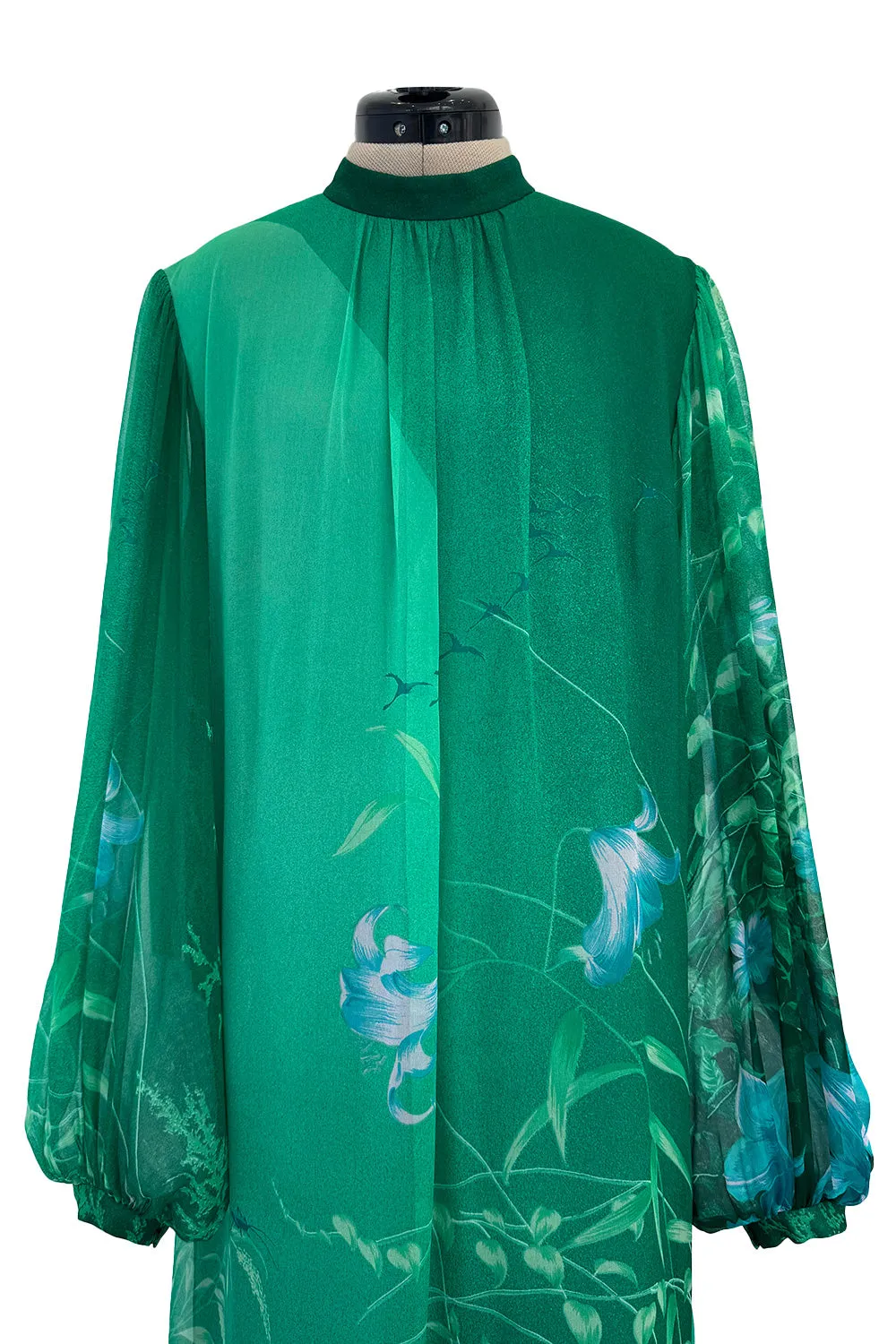 Stunning 1970s Hanae Mori Green Extensive Floral Print Green Silk Chiffon Dress w Balloon Sleeves & Belt