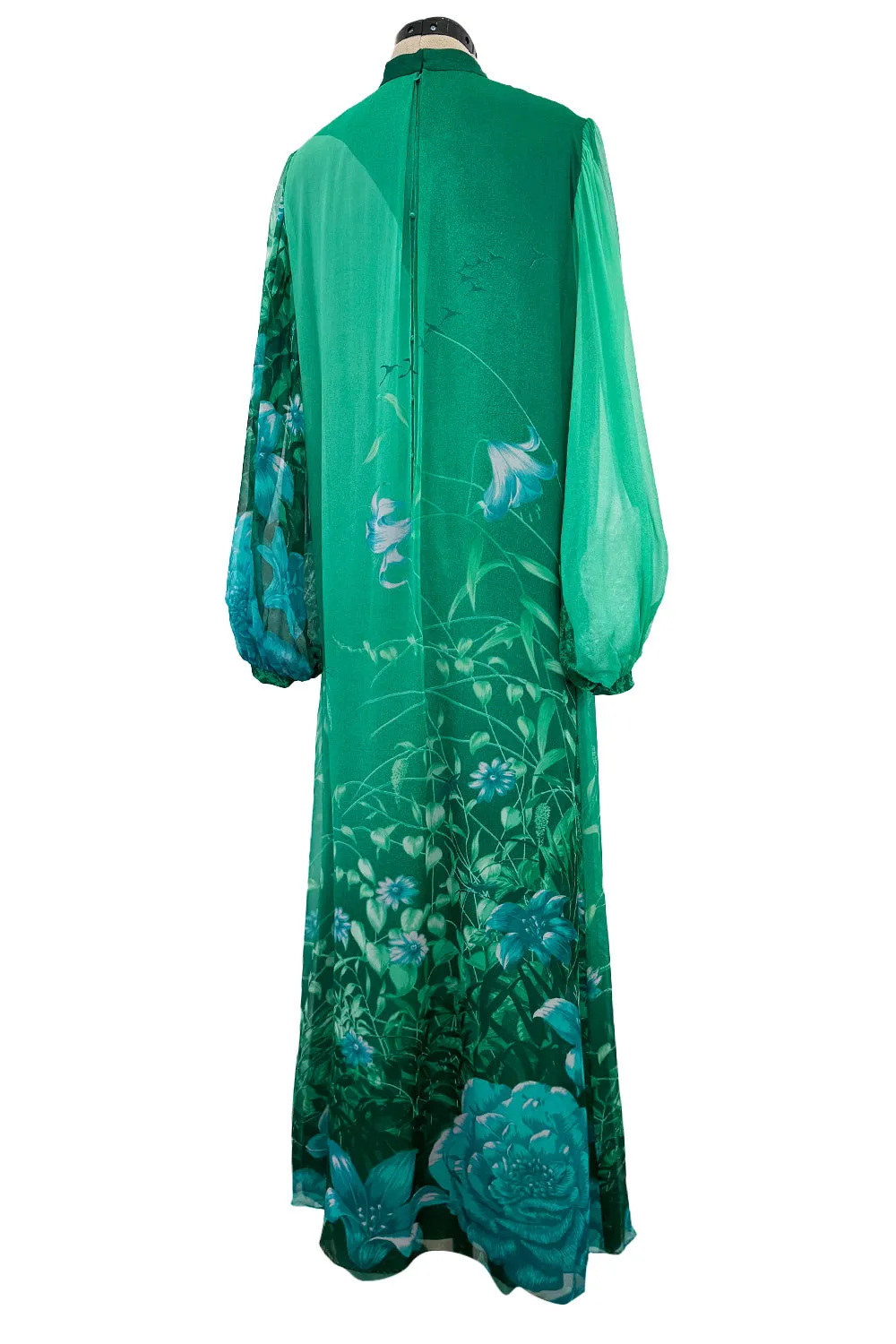 Stunning 1970s Hanae Mori Green Extensive Floral Print Green Silk Chiffon Dress w Balloon Sleeves & Belt