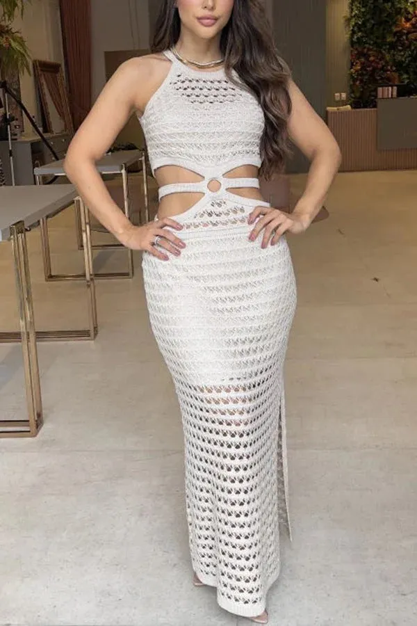 Stunning Gaze Knit Texture Ring Side Waist Cutout Stretch Maxi Dress（Note: top without lined, you can bring your own bra）
