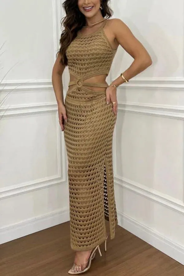 Stunning Gaze Knit Texture Ring Side Waist Cutout Stretch Maxi Dress（Note: top without lined, you can bring your own bra）