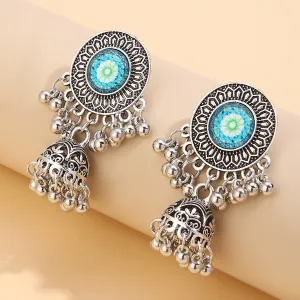 Teal Resin & Silver-Plated Mandala Bell Drop Earrings