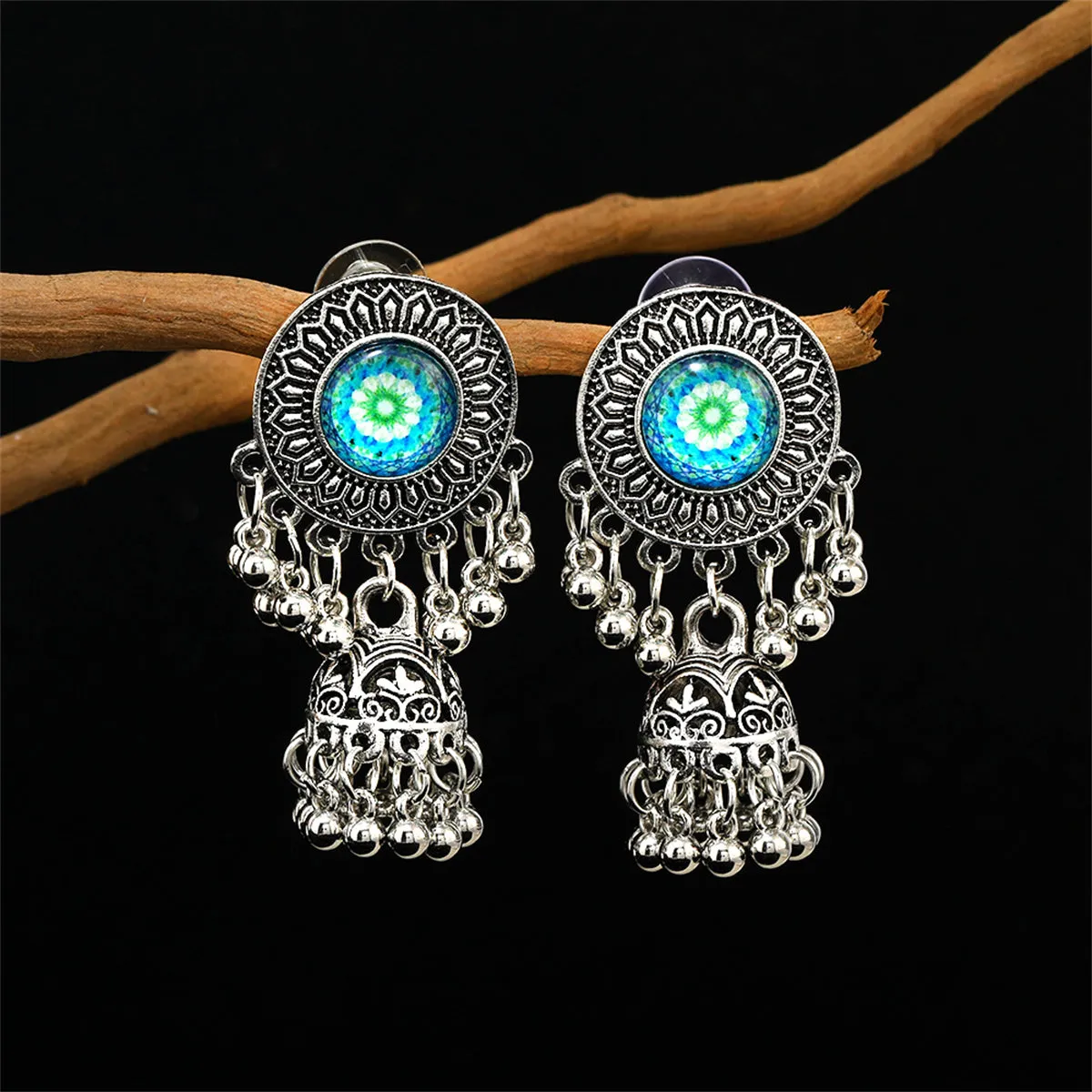 Teal Resin & Silver-Plated Mandala Bell Drop Earrings
