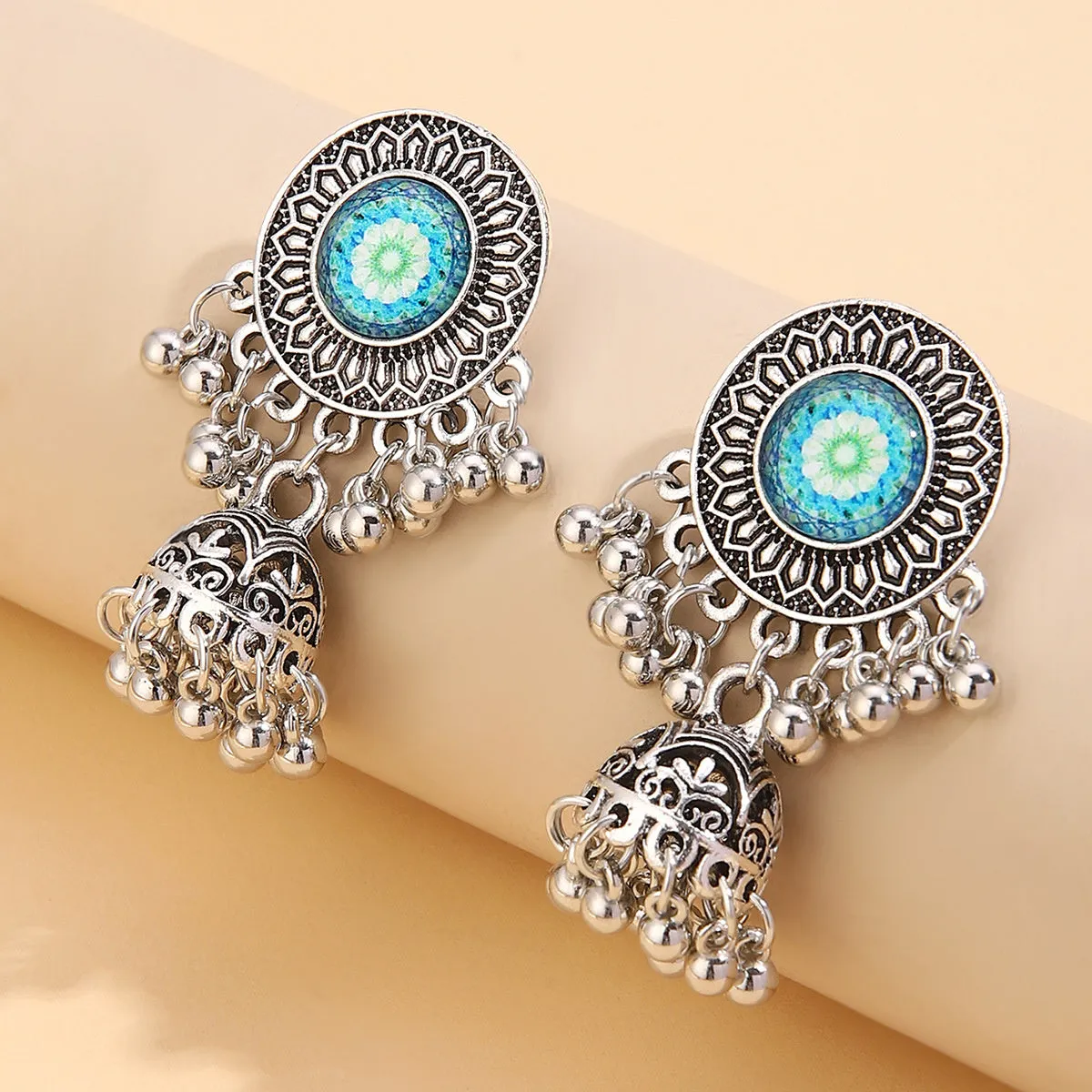 Teal Resin & Silver-Plated Mandala Bell Drop Earrings