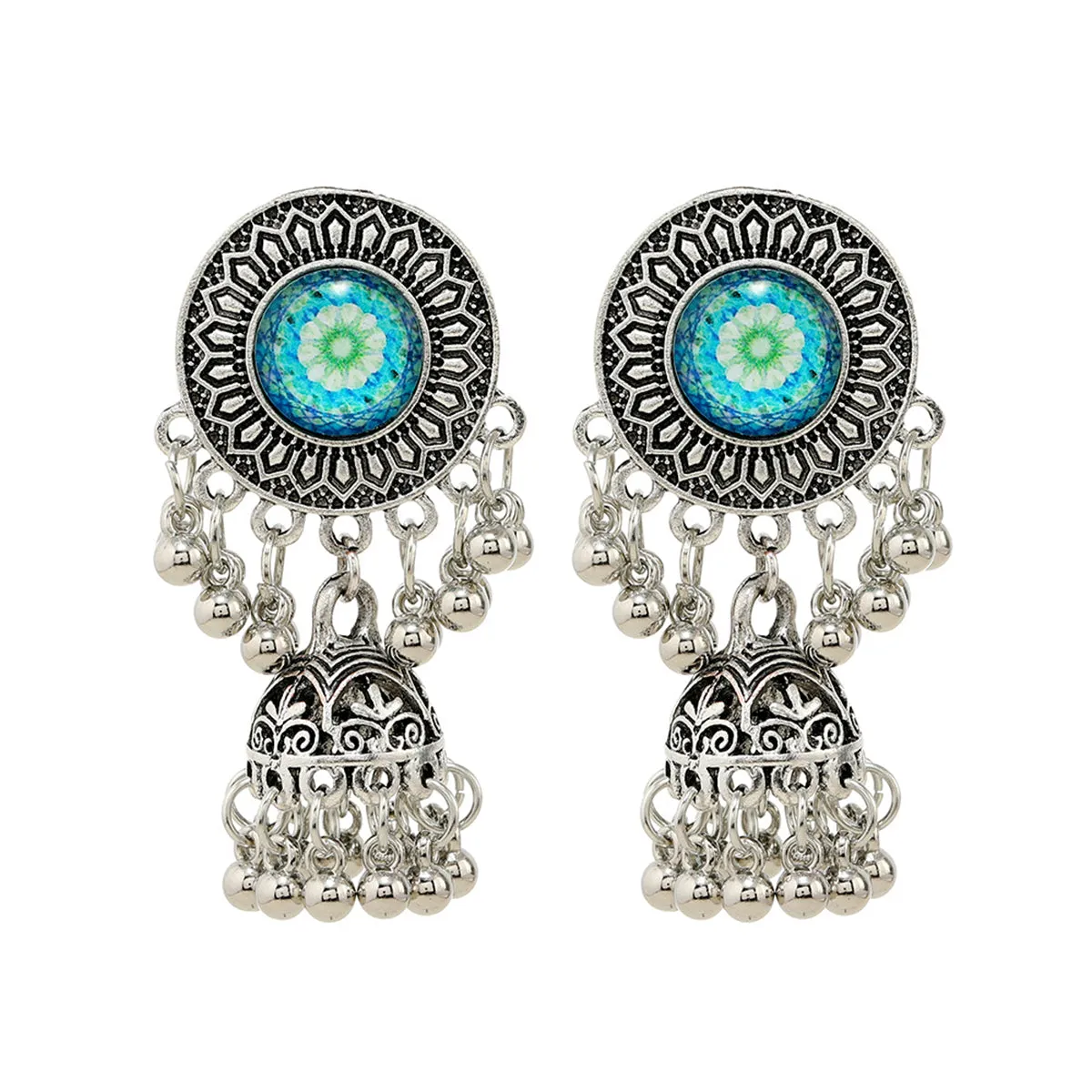 Teal Resin & Silver-Plated Mandala Bell Drop Earrings