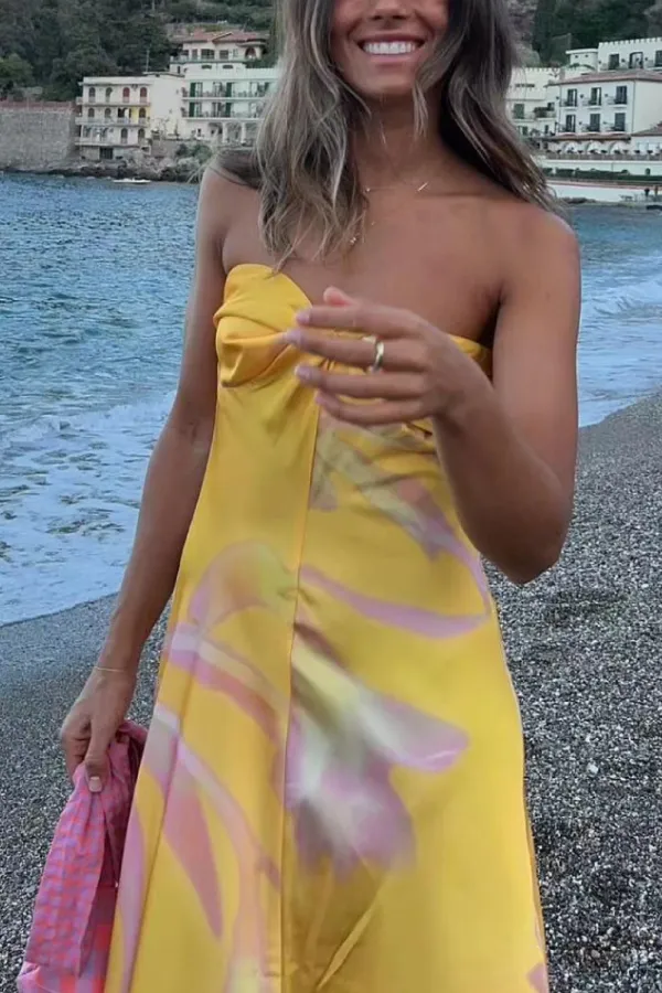 Temperamental Satin Textured Printed Tube Top Dress