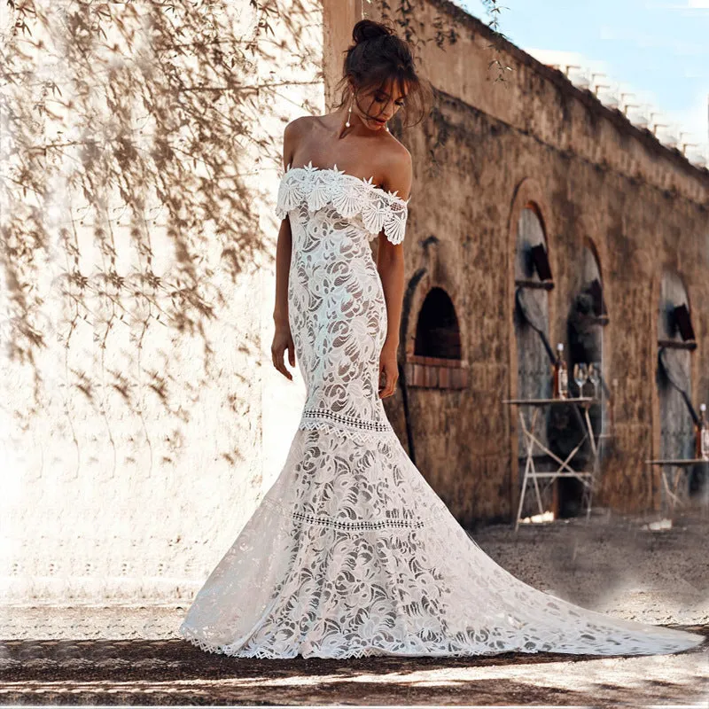 The Sales Rack-Sexy Lace Boat Neck Off Shoulder Boho Mermaid Bridal Dress With Sweep Train Pretty Beach Bride Dress