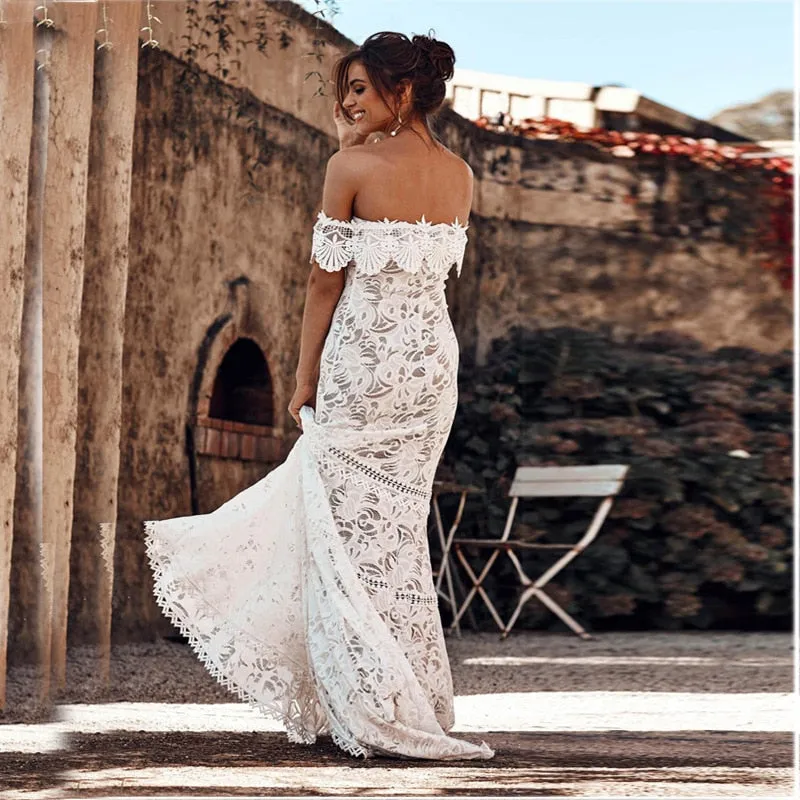 The Sales Rack-Sexy Lace Boat Neck Off Shoulder Boho Mermaid Bridal Dress With Sweep Train Pretty Beach Bride Dress