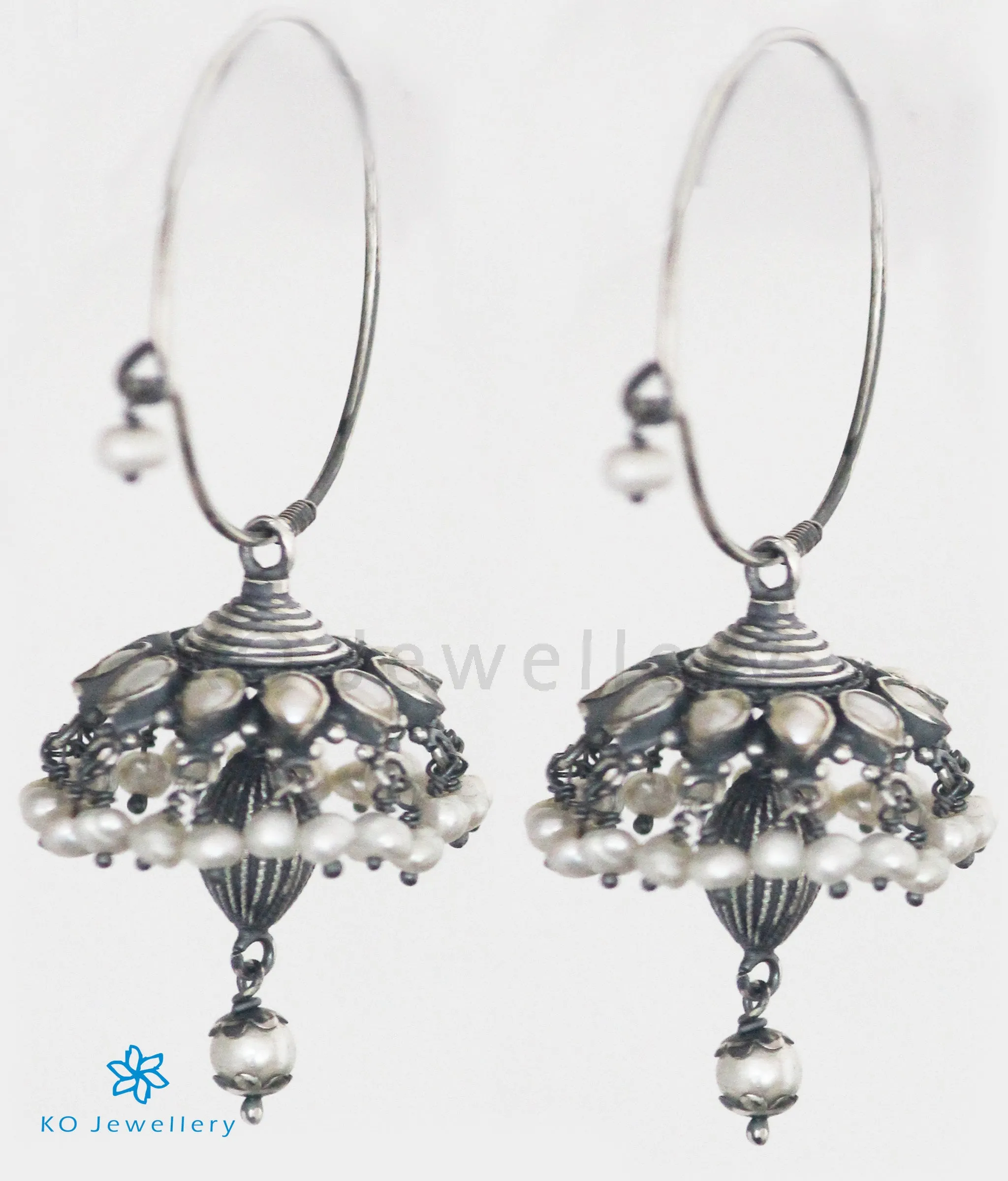 The Varitra Silver Bali Jhumka Pearl (Oxidised)