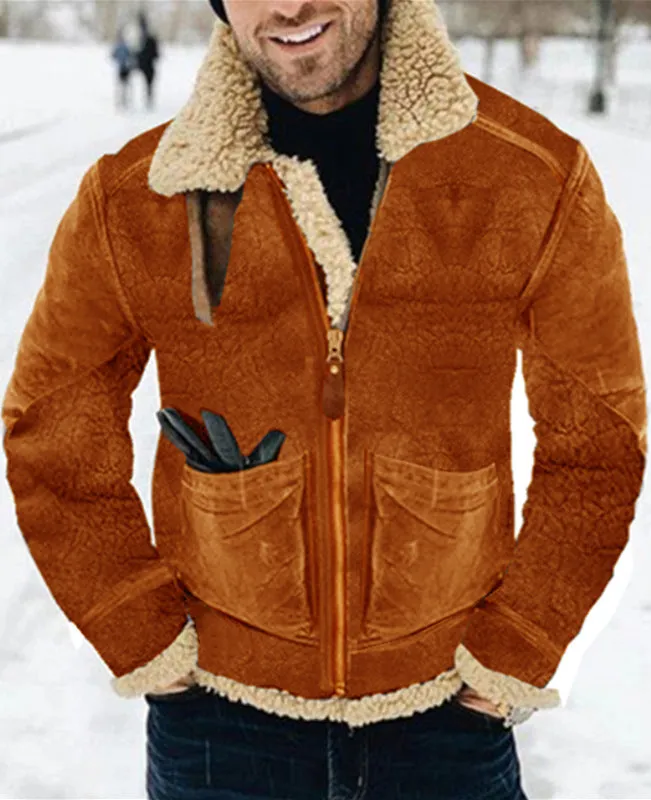 Thickened lambswool mid-length faux leather jacket
