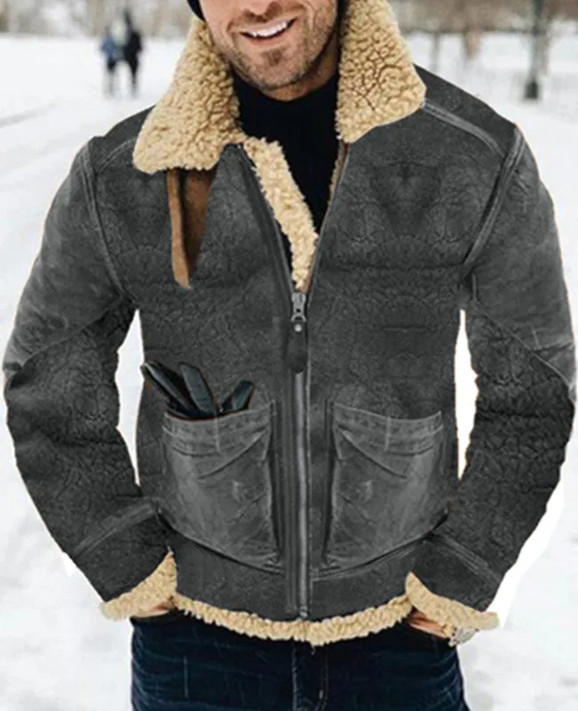 Thickened lambswool mid-length faux leather jacket