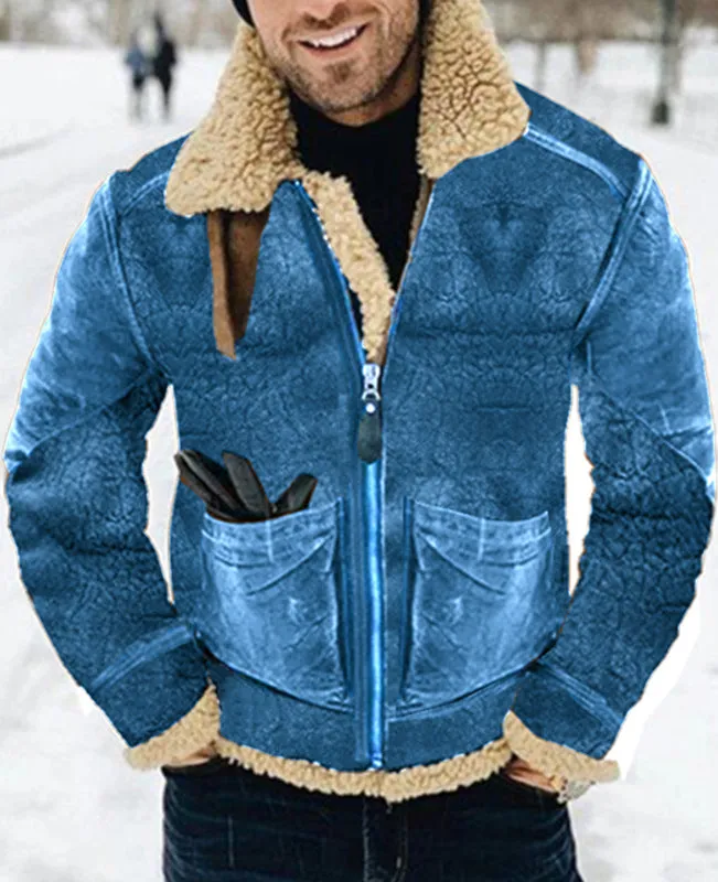 Thickened lambswool mid-length faux leather jacket