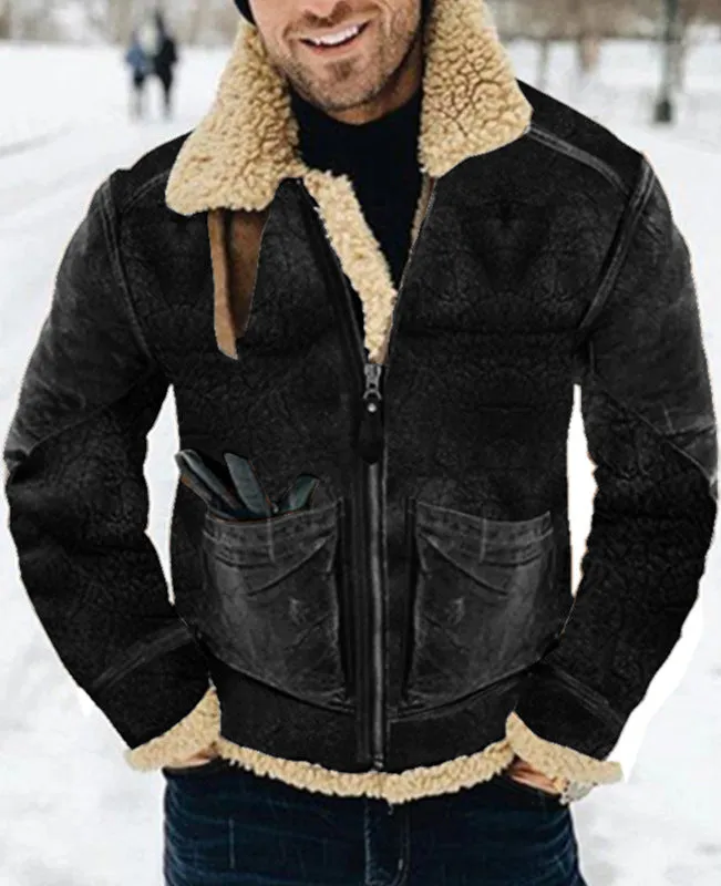 Thickened lambswool mid-length faux leather jacket