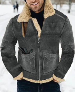 Thickened lambswool mid-length faux leather jacket