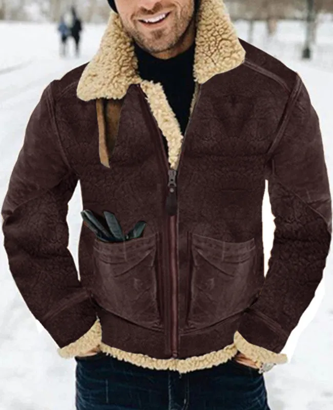 Thickened lambswool mid-length faux leather jacket